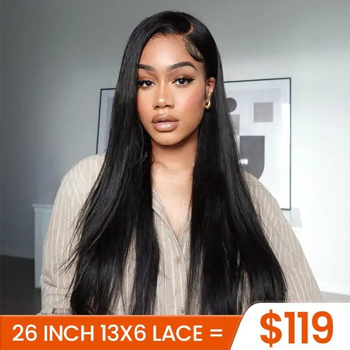 Perruque en cheveux humains lisses avec dentelle frontale transparente 13x4 
