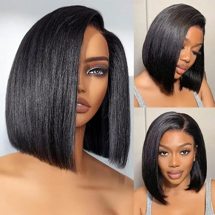5x5 Lace Yaki Straight Bob Wig Drawstring Glueless Human Hair Wig