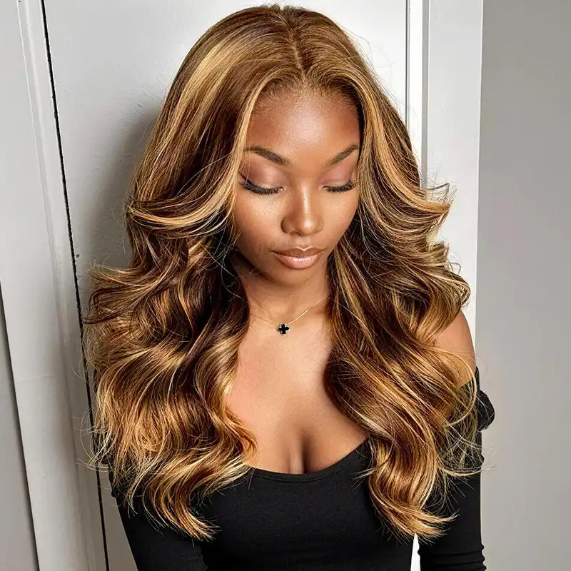 $99 =2 Wigs | 20" Highlight Brown 5x5 Lace Body Wave Wig & Human Hair Bob Wig with Bangs