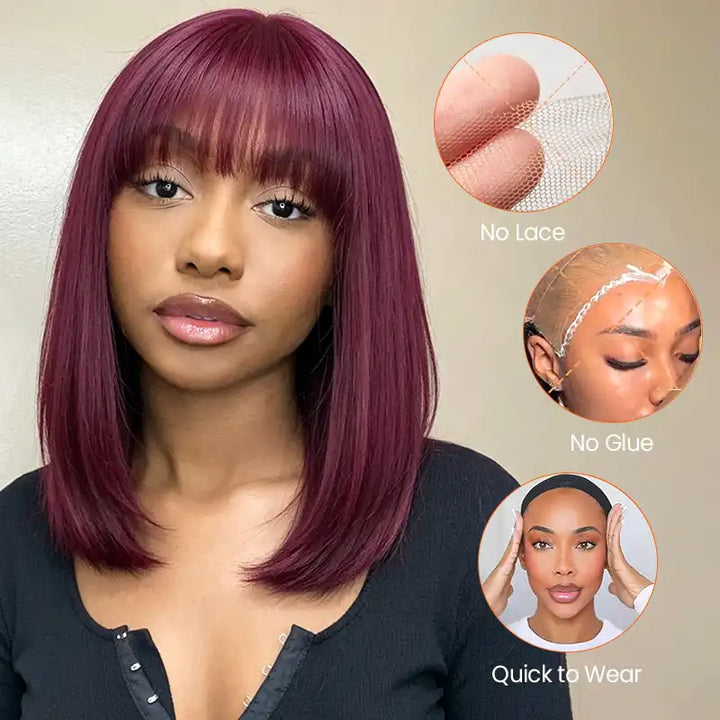 99J Human Hair Bob Wig with Bangs - Ready to Wear | No Glue, Beginner Friendly