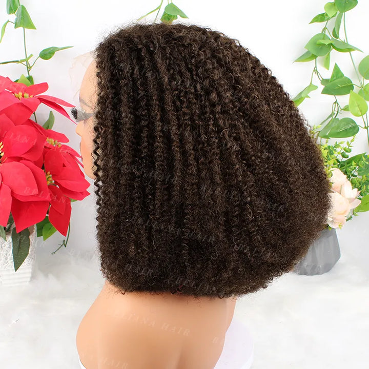 Perruque afro bouclée 13x4 en cheveux humains brun chocolat avec baby hair pour femme 