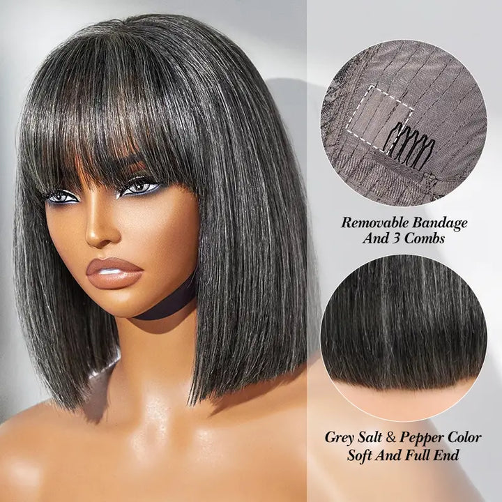 Put On and Go Salt and Pepper Bob Glueless Minimalist Grey Wig with Bang