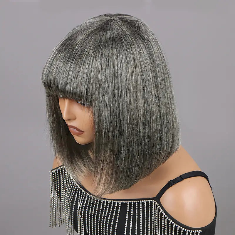 Put On and Go Salt and Pepper Bob Glueless Minimalist Grey Wig with Bang