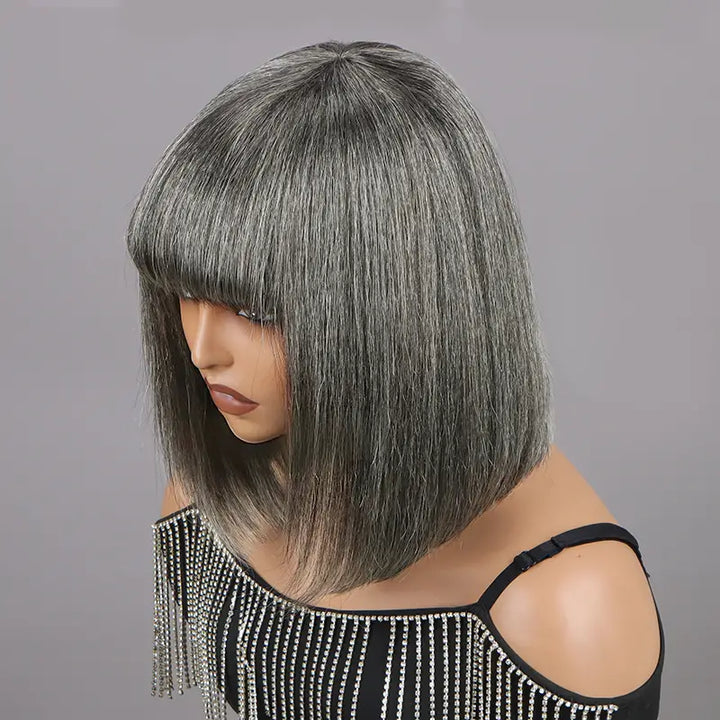 Put On and Go Salt and Pepper Bob Glueless Minimalist Grey Wig with Bang