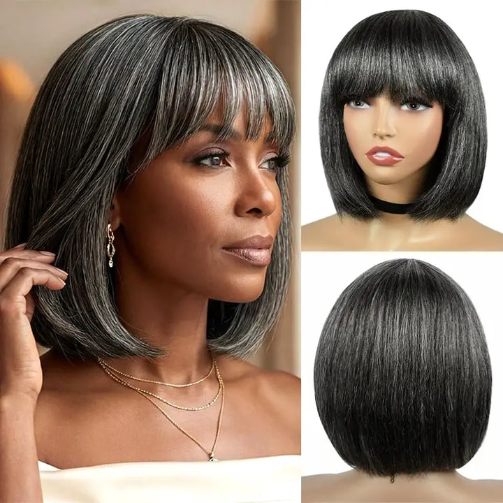 Put On and Go Salt and Pepper Bob Glueless Minimalist Grey Wig with Bang