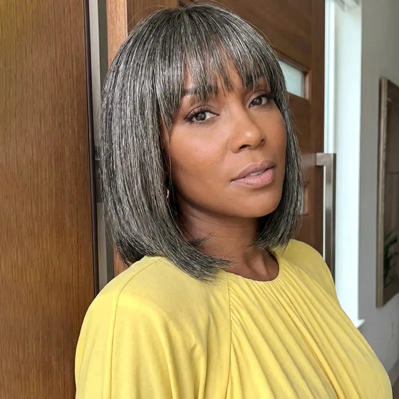 Put On and Go Salt and Pepper Bob Glueless Minimalist Grey Wig with Bang