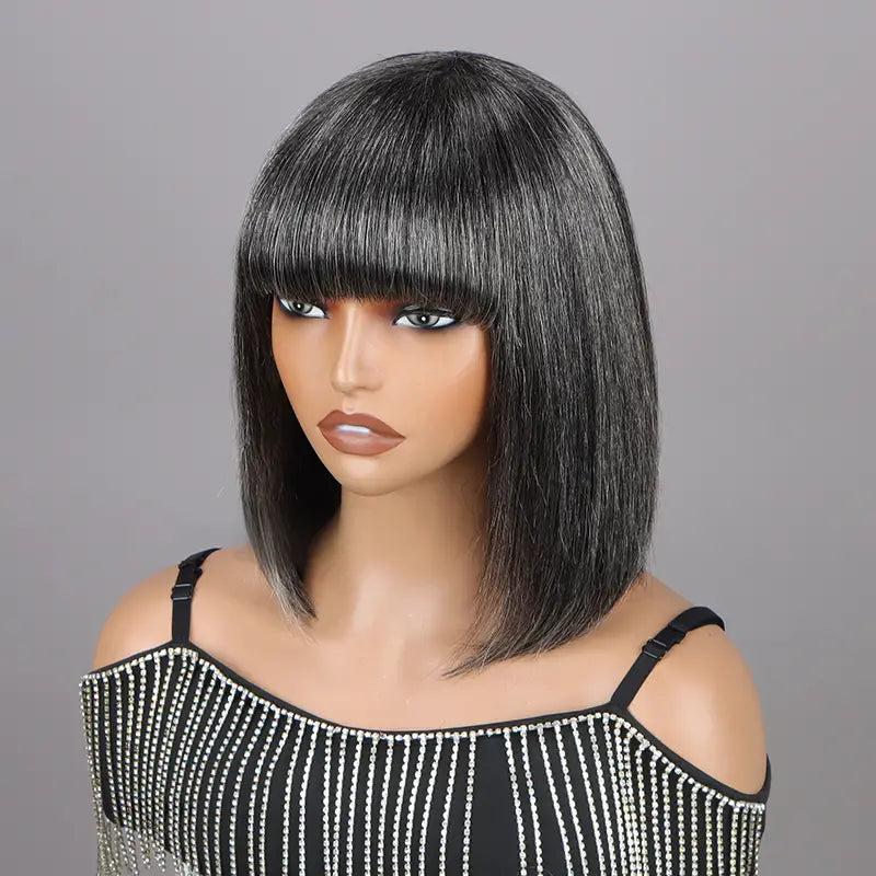 Put On and Go Salt and Pepper Bob Glueless Minimalist Grey Wig with Bang