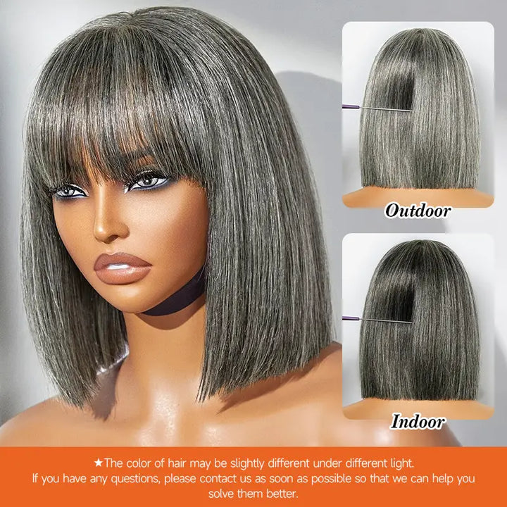 Put On and Go Salt and Pepper Bob Glueless Minimalist Grey Wig with Bang