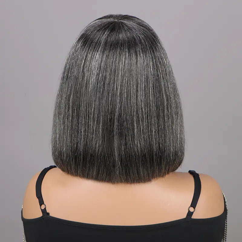 Put On and Go Salt and Pepper Bob Glueless Minimalist Grey Wig with Bang