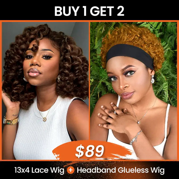 $89 = 2 Wigs | Chocolate Brown Spiral Curly 13x4 Lace Wig & Pixie Short Curly Headband Wig