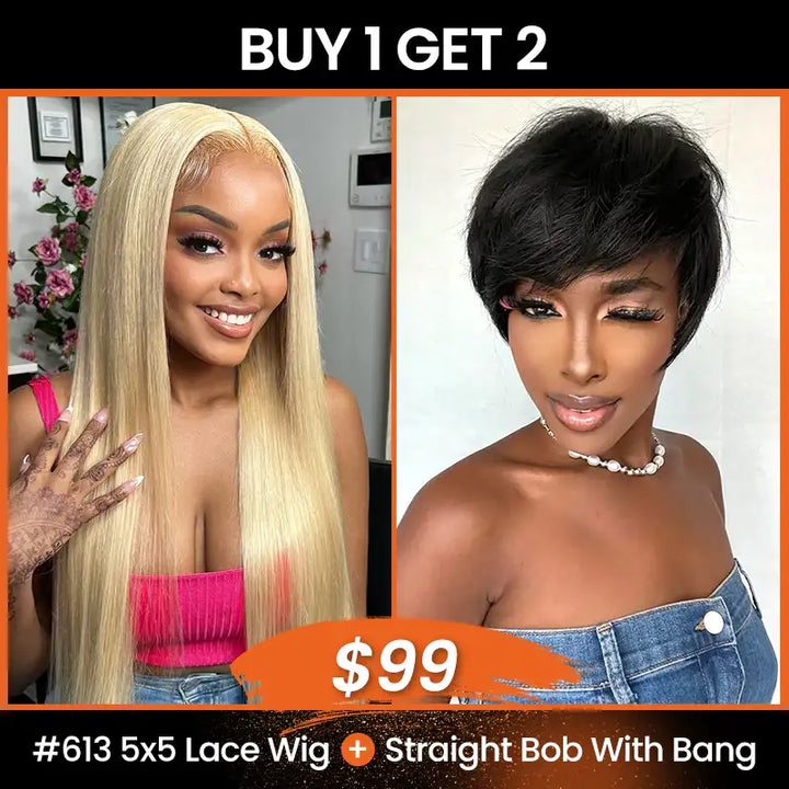 $99 = 2 Wigs | 18" 613 Blonde 5x5 Lace Human Hair Wig & Short 1B Straight Wig with Bang