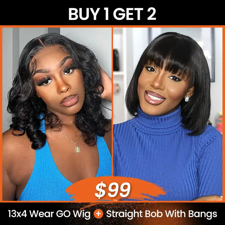 $99 = 2 Wigs | 13x4 Lace Front Roll Hair Wig & Bob Short Human Hair Straight Wig With Bang