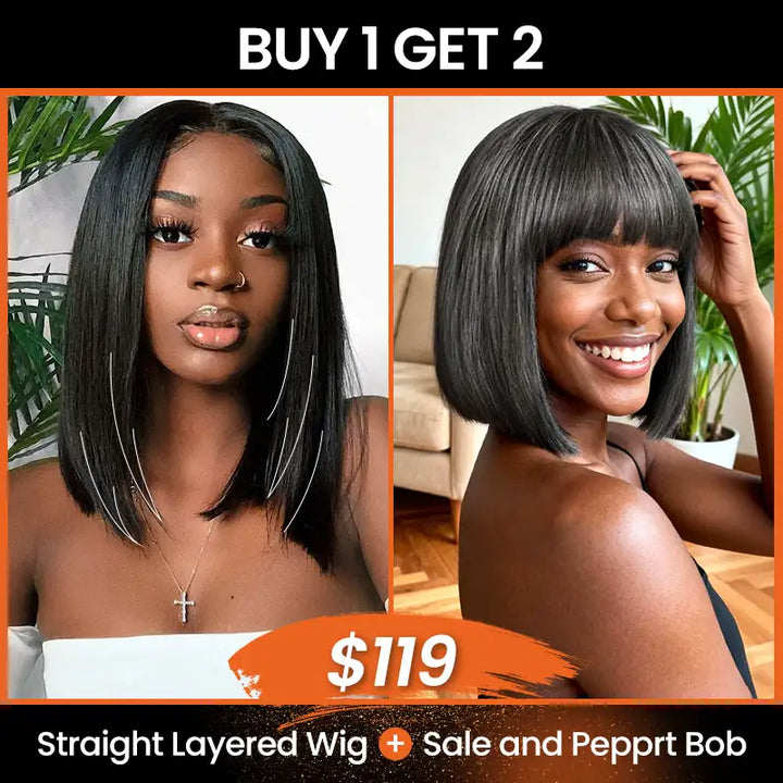 $119 = 2 Wigs | Pre-cut Layer 5x5 Lace Bob Wig Straight Wig & Salt And Pepper Wig With Bang