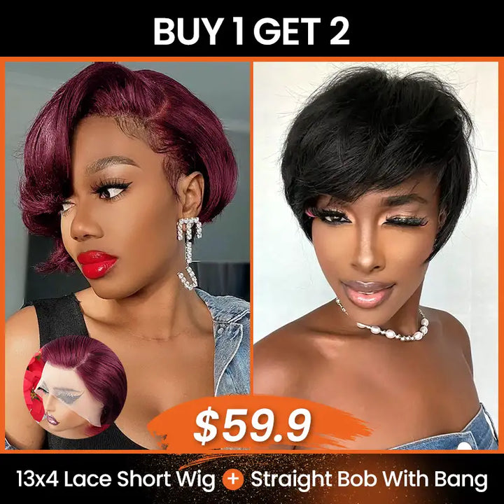 $59 = 2 Wigs | 13x4 Burgundy Lace Front Human Hair Wig & Short 1B Straight Wig with Bang