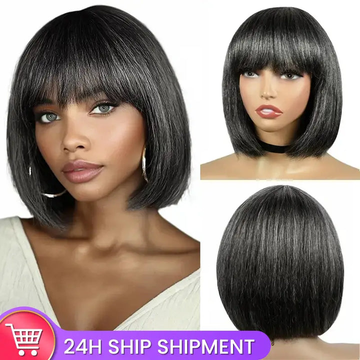 Beliana Hair 100% Human Hair Salt And Pepper Wigs With Bangs