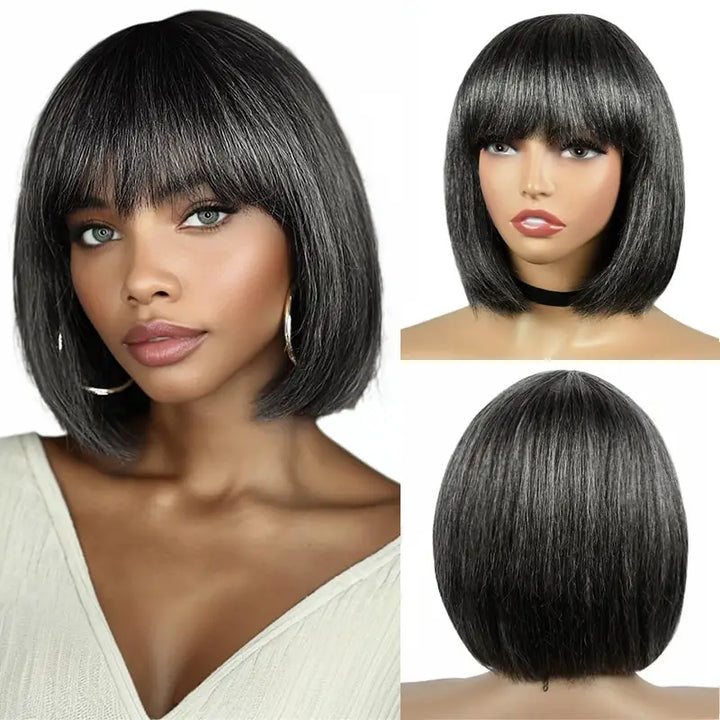 Beliana Hair 100% Human Hair Salt And Pepper Wigs With Bangs