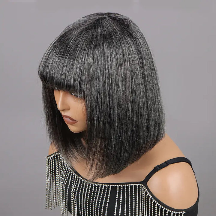 Beliana Hair 100% Human Hair Salt And Pepper Wigs With Bangs