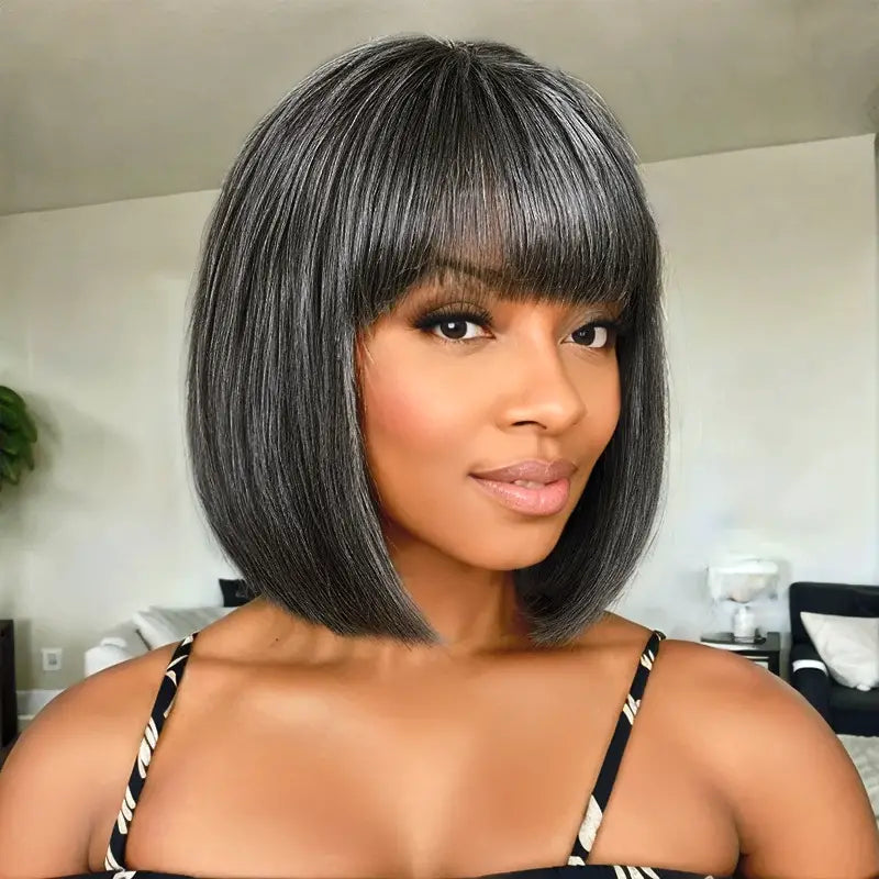 Beliana Hair 100% Human Hair Salt And Pepper Wigs With Bangs