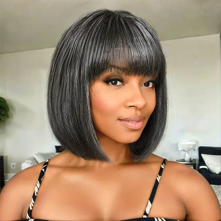 Beliana Hair 100% Human Hair Salt And Pepper Wigs With Bangs
