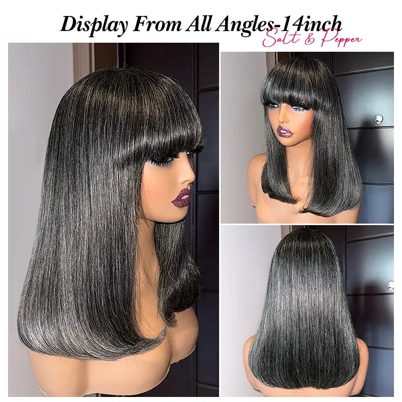 Beliana Hair 100% Human Hair Salt And Pepper Wigs With Bangs