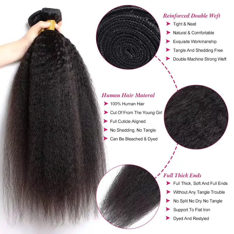 Beliana Hair 3 Bundles Kinky Straight Virgin Human Hair Weave Natural Black Color