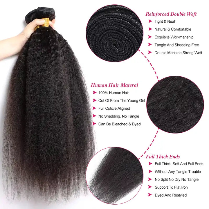 Beliana Hair 3 Bundles Kinky Straight Virgin Human Hair Weave Natural Black Color