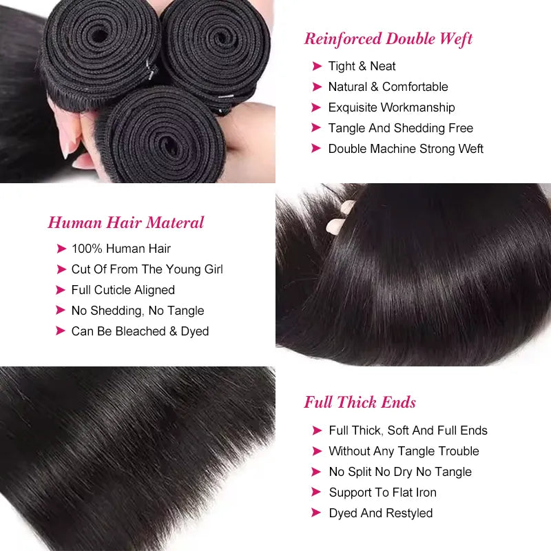 Lot de 3 mèches de cheveux vierges lisses avec fermeture en dentelle transparente 4x4, pré-épilées 