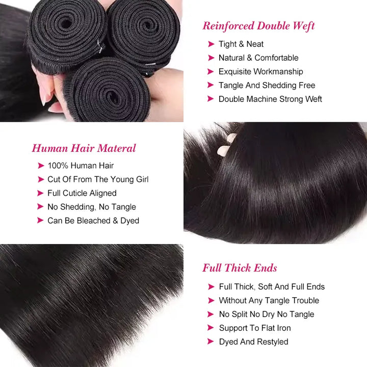 Lot de 3 mèches de cheveux vierges lisses avec fermeture en dentelle transparente 4x4, pré-épilées 