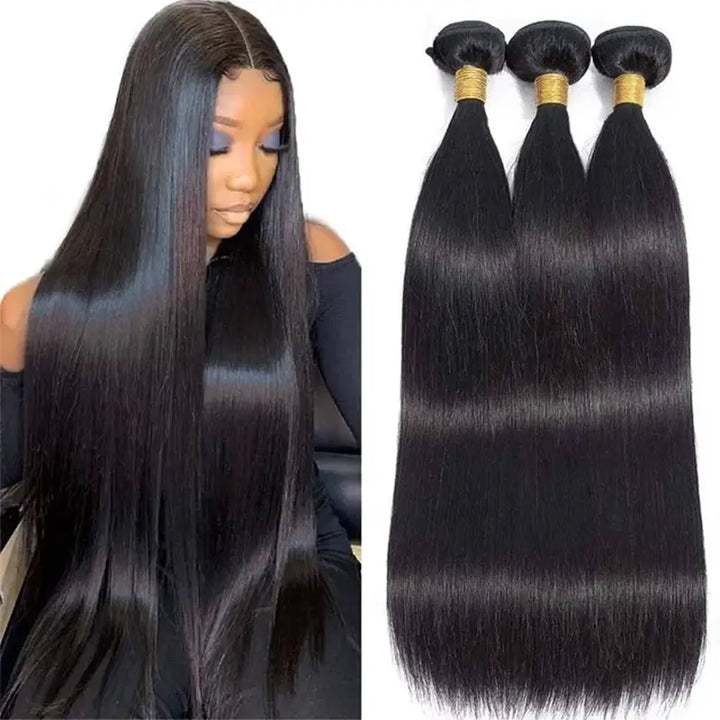 Lot de 3 mèches de cheveux humains vierges lisses non traités Beliana, couleur noire naturelle 