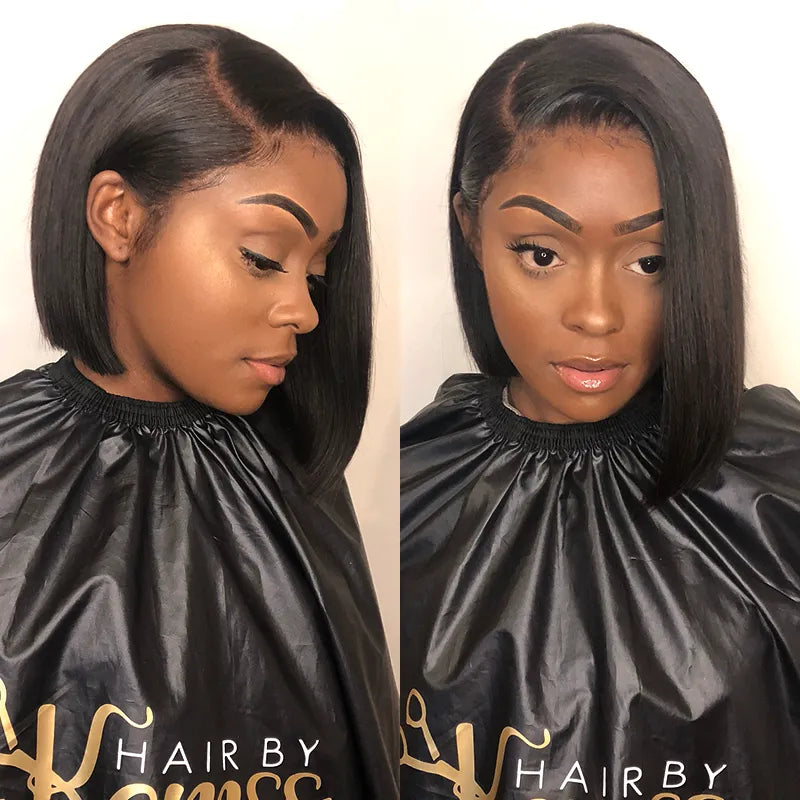 Perruques coupe au carré avec raie sur le côté, cheveux lisses, 5x5, fermeture en dentelle transparente 
