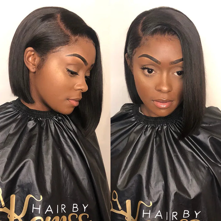 Perruques coupe au carré avec raie sur le côté, cheveux lisses, 5x5, fermeture en dentelle transparente 
