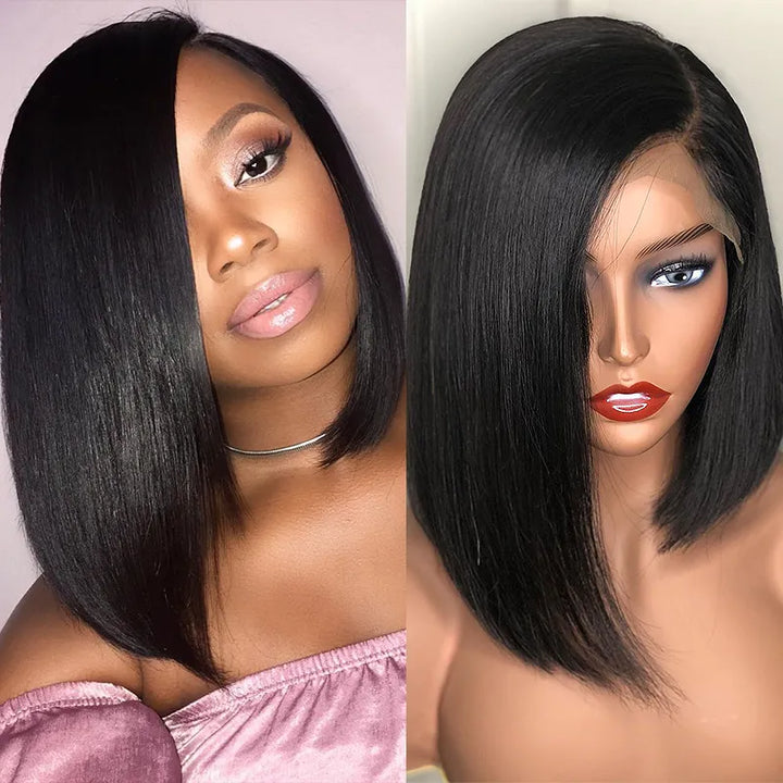 Perruques coupe au carré avec raie sur le côté, cheveux lisses, 5x5, fermeture en dentelle transparente 