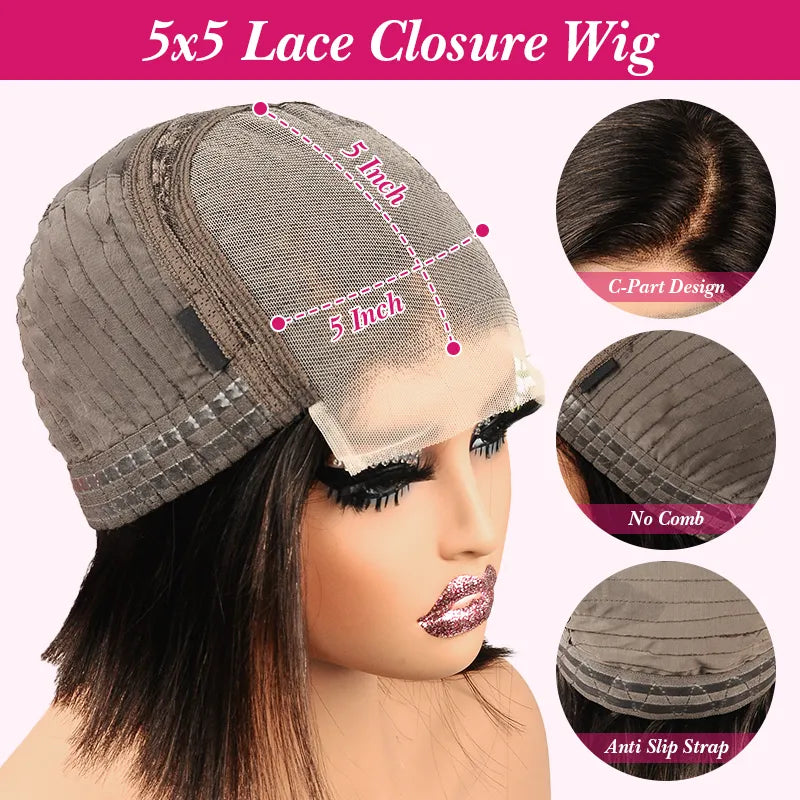 Perruques coupe au carré avec raie sur le côté, cheveux lisses, 5x5, fermeture en dentelle transparente 