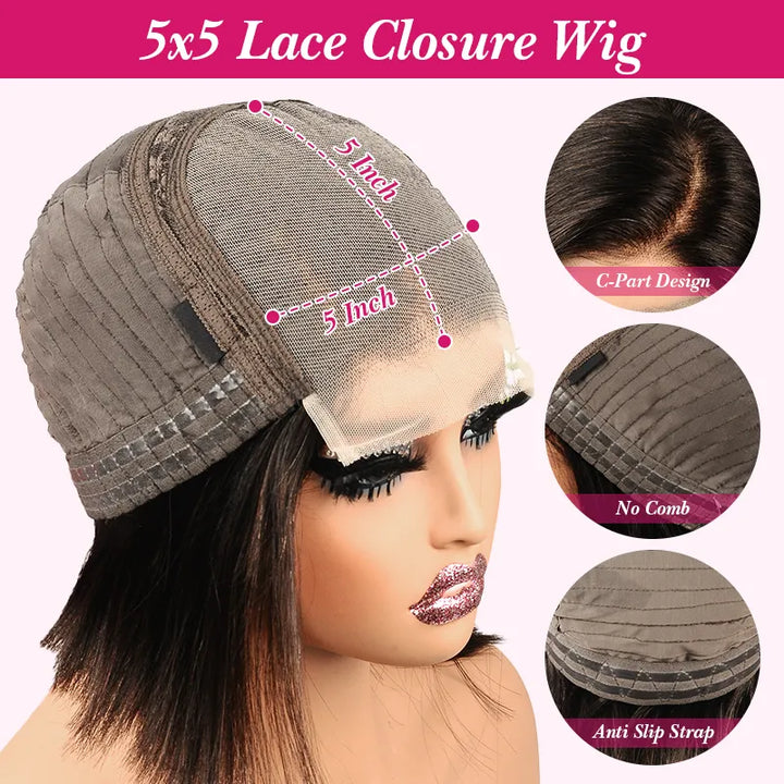 Perruques coupe au carré avec raie sur le côté, cheveux lisses, 5x5, fermeture en dentelle transparente 
