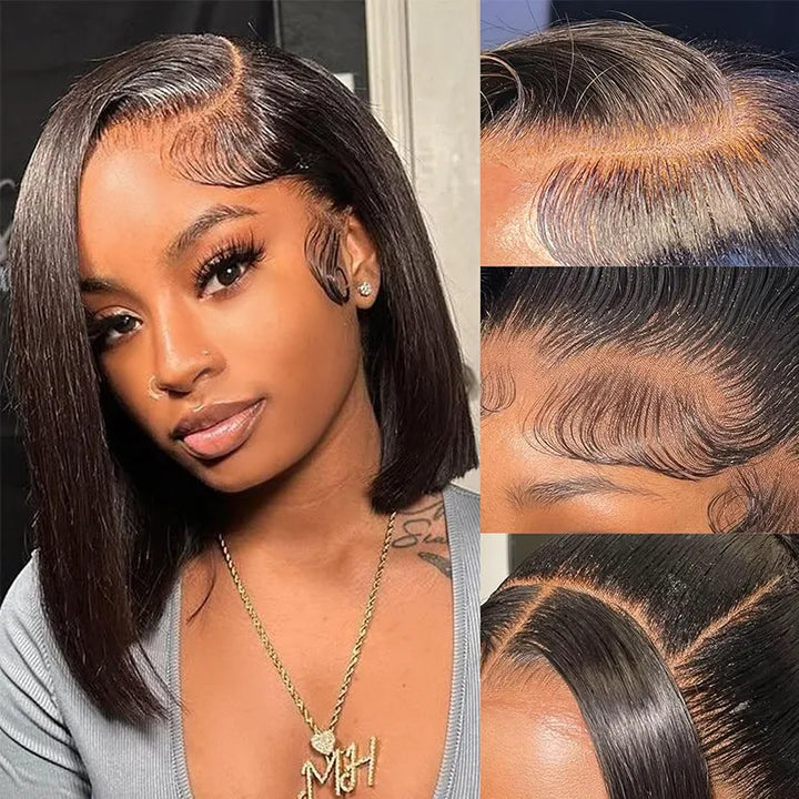 Perruques coupe au carré avec raie sur le côté, cheveux lisses, 5x5, fermeture en dentelle transparente 