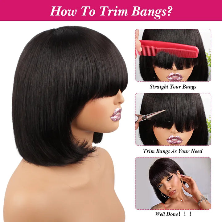 Perruque courte en cheveux humains raides avec frange #1B 