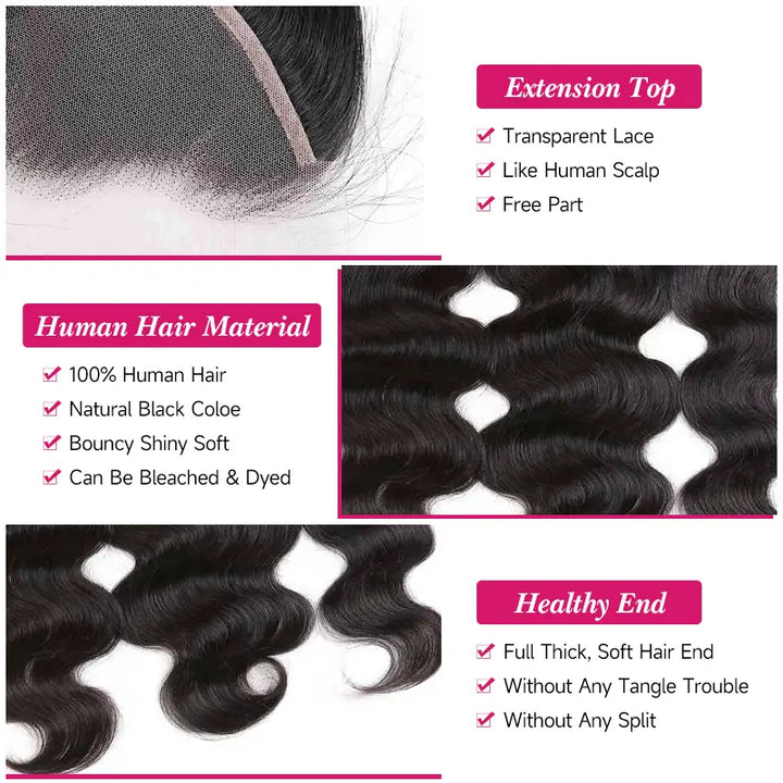 3 paquetes de cabello humano ondulado con encaje frontal transparente de 13x4 