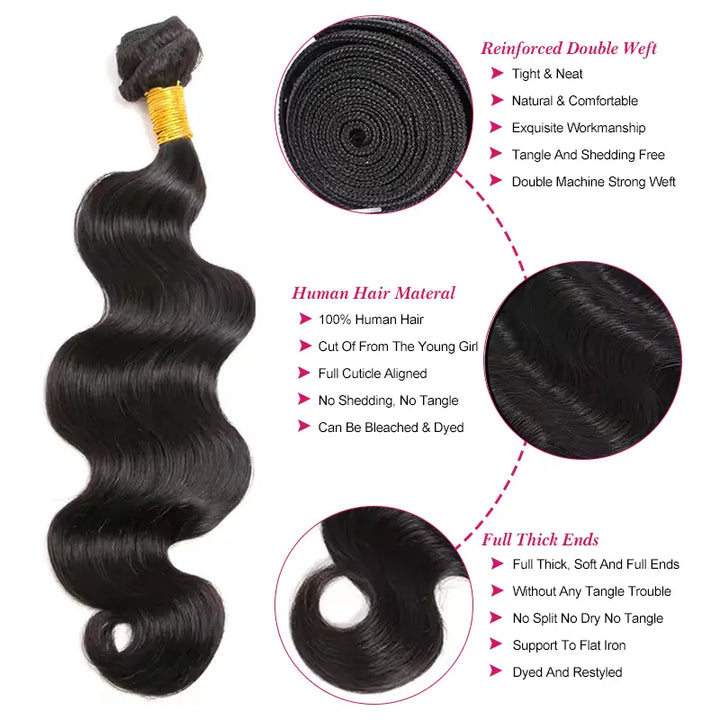 4 paquetes de cabello humano virgen con ondas corporales y encaje frontal transparente de 13 x 4 