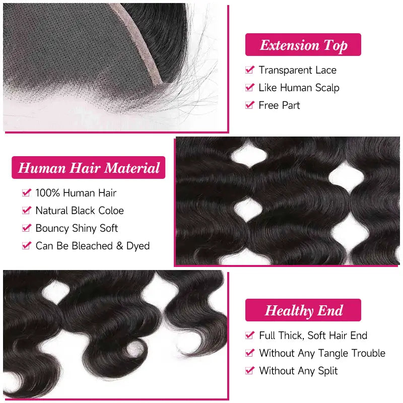 4 paquetes de cabello humano virgen con ondas corporales y encaje frontal transparente de 13 x 4 