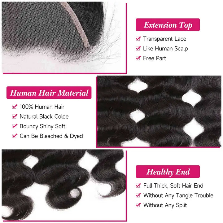 4 paquetes de cabello humano virgen con ondas corporales y encaje frontal transparente de 13 x 4 