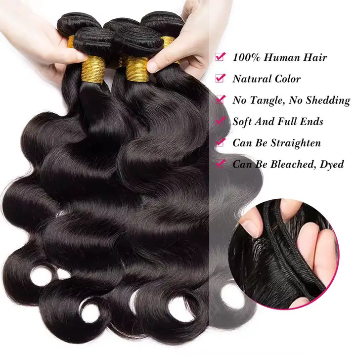 4 paquetes de cabello humano virgen con ondas corporales y encaje frontal transparente de 13 x 4 