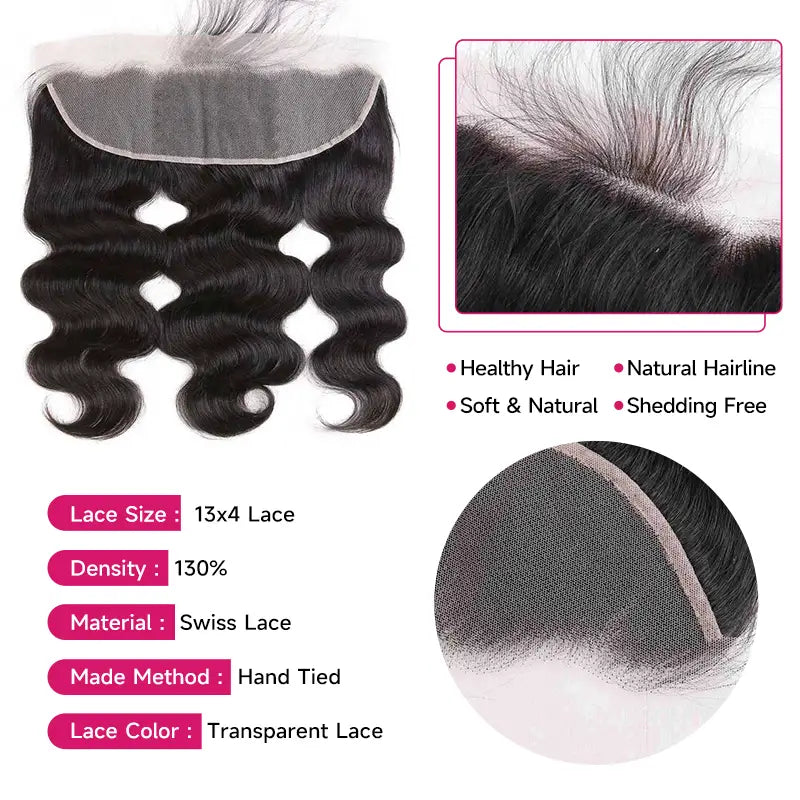 Cabello humano virgen con ondas corporales, 13x4, transparente, con encaje frontal 