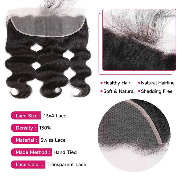 Cabello humano virgen con ondas corporales, 13x4, transparente, con encaje frontal 