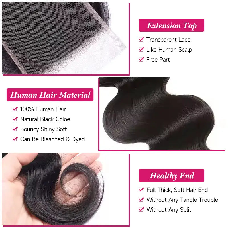 Body Wave Hair 4x4 Lace Closure Natural Color 100% Human Hair