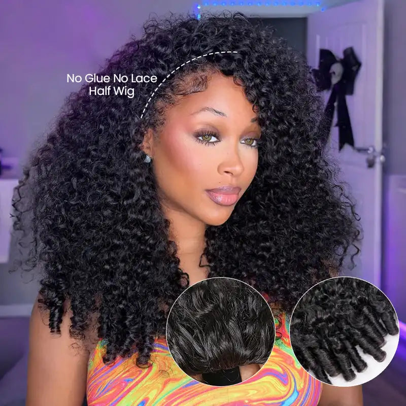 Burmese Curly Half Wig With Drawstring 3 in 1 Glueless Flexible Fit Human Hair Wig
