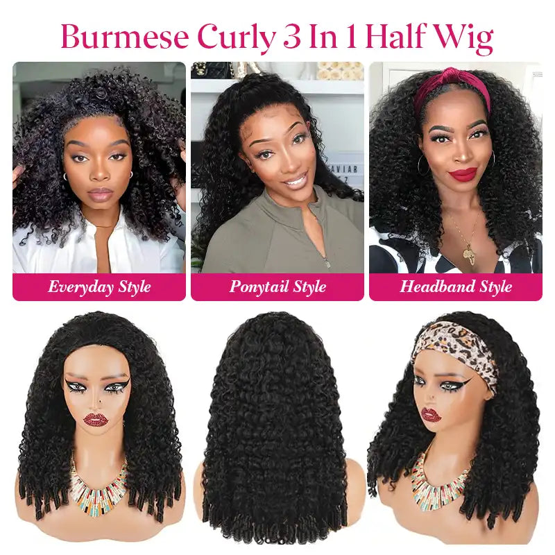 Burmese Curly Half Wig With Drawstring 3 in 1 Glueless Flexible Fit Human Hair Wig