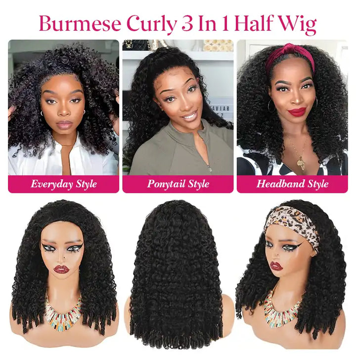 Burmese Curly Half Wig With Drawstring 3 in 1 Glueless Flexible Fit Human Hair Wig