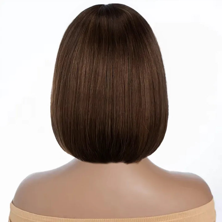 Perruque courte et lisse en cheveux humains brun chocolat avec frange – 1072 
