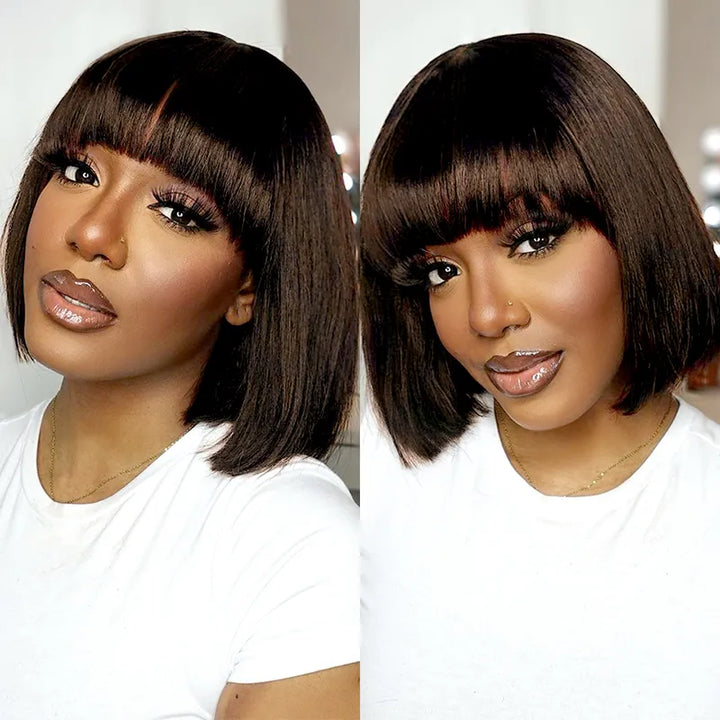Perruque courte et lisse en cheveux humains brun chocolat avec frange – 1072 