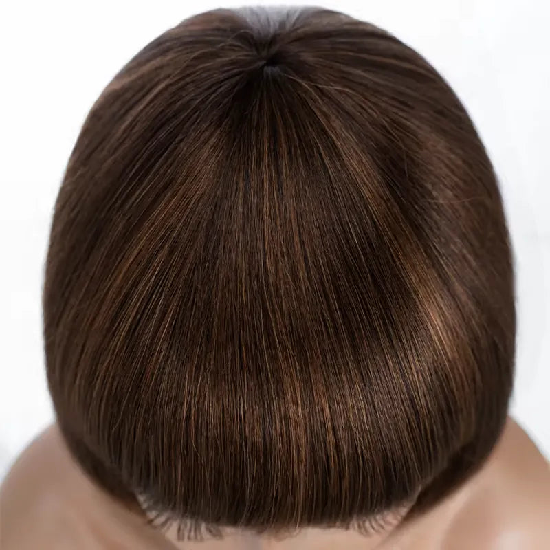 Perruque courte et lisse en cheveux humains brun chocolat avec frange – 1072 